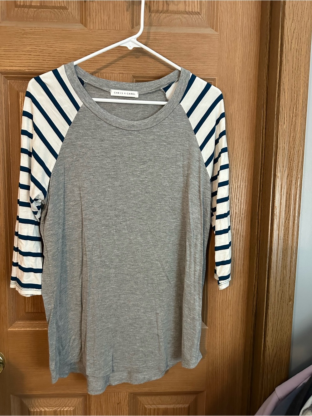 Chris & Carol Gray Raglan Tee with Dark Green Striped Sleeves